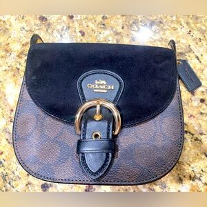 COACH Suede Black Leather Handbag Kleo Med23 In Signature Logo Gold Hardware